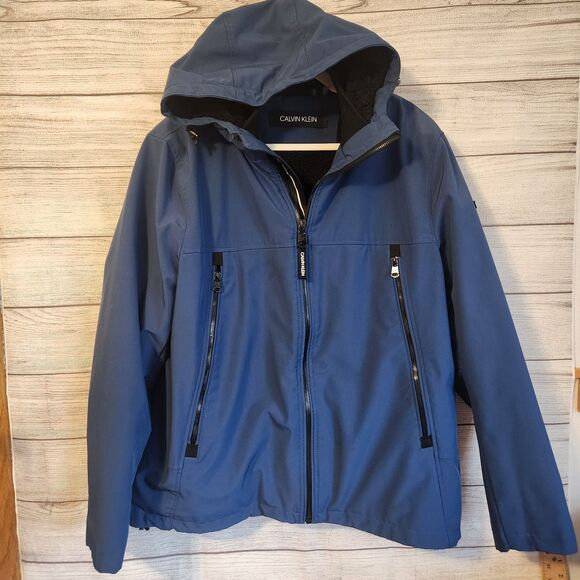 Calvin Klein Sherpa Lined Hooded Softshell Jacket Men's Size L Blue CM105270 - Picture 1 of 7